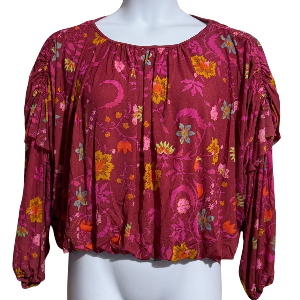 Free People Wild Honey Red Berry balloon sleeve flowy floral drop shoulder small